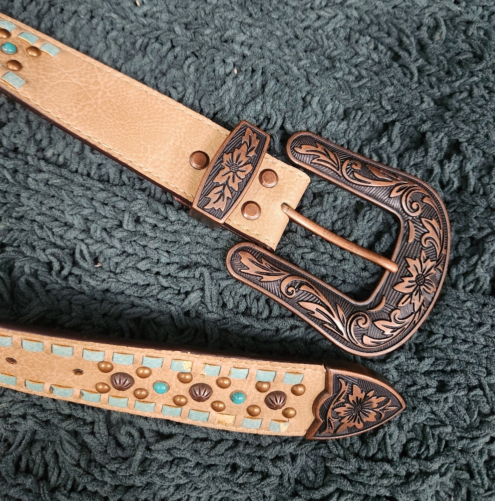 Nocona Women's Copper Turquoise Studs Leather Belt - Picture 6 of 6